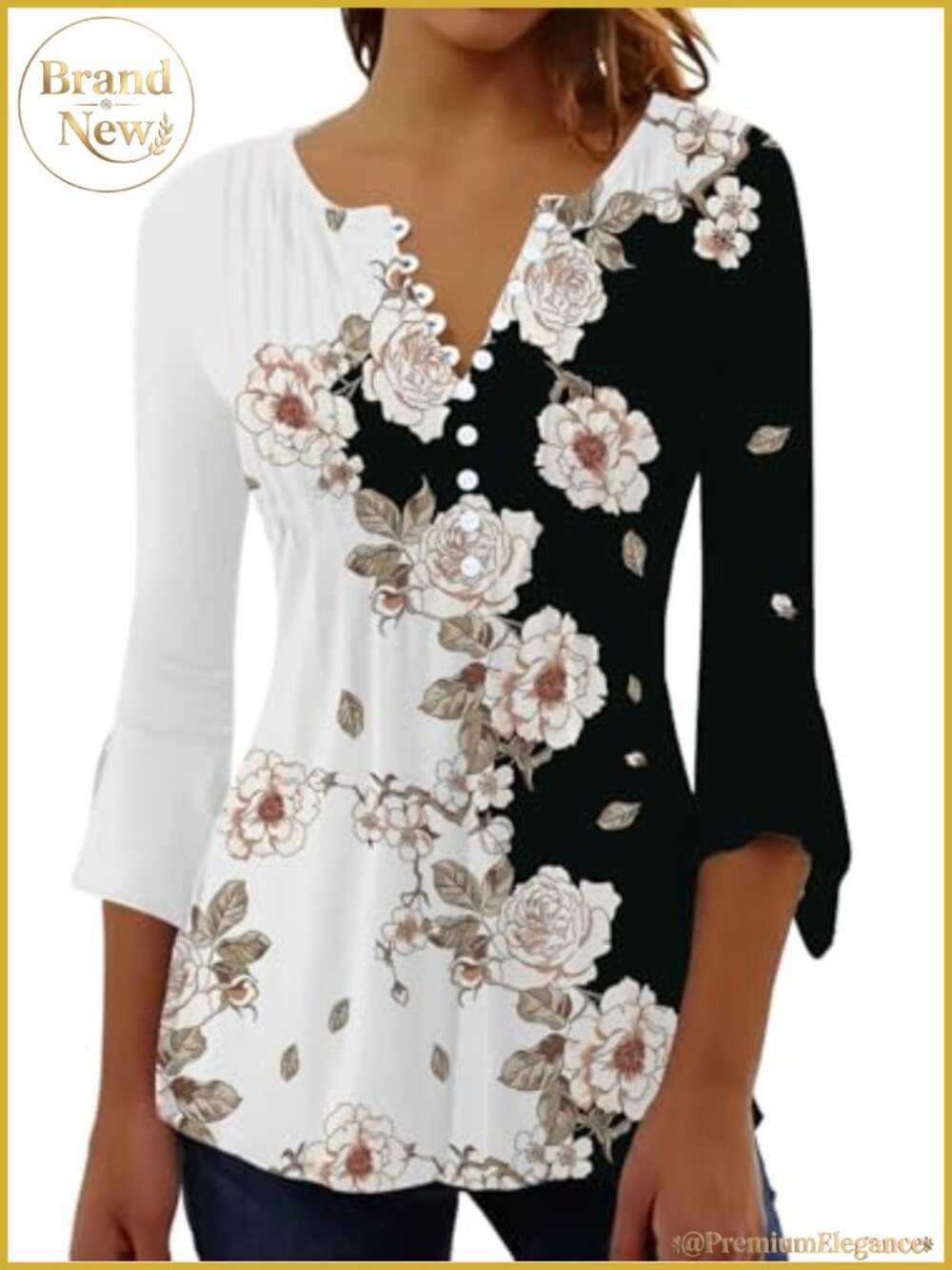 Women's Floral Eyelet Lace 3/4 Bell Sleeve Blouse Tunic V-Neck